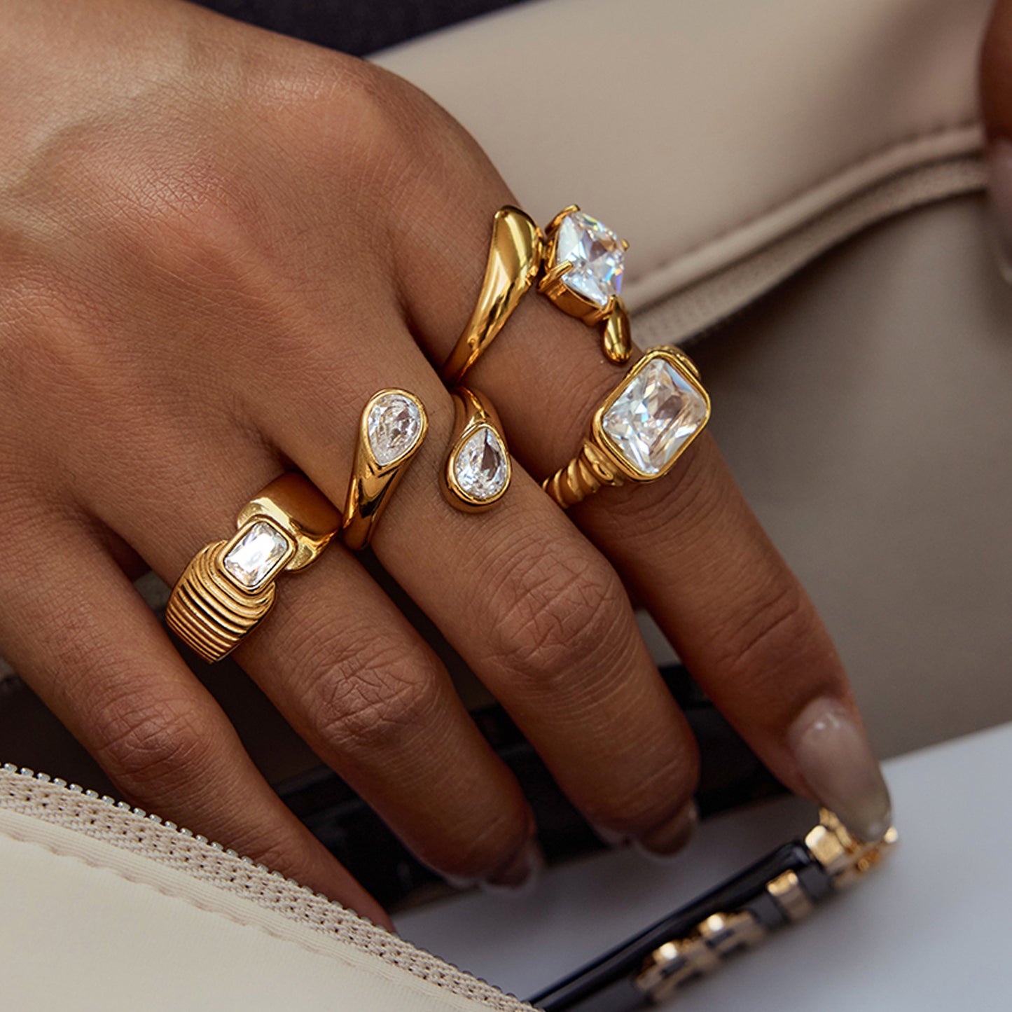 Light Luxury Stainless Steel White Cubic Zirconia Ring