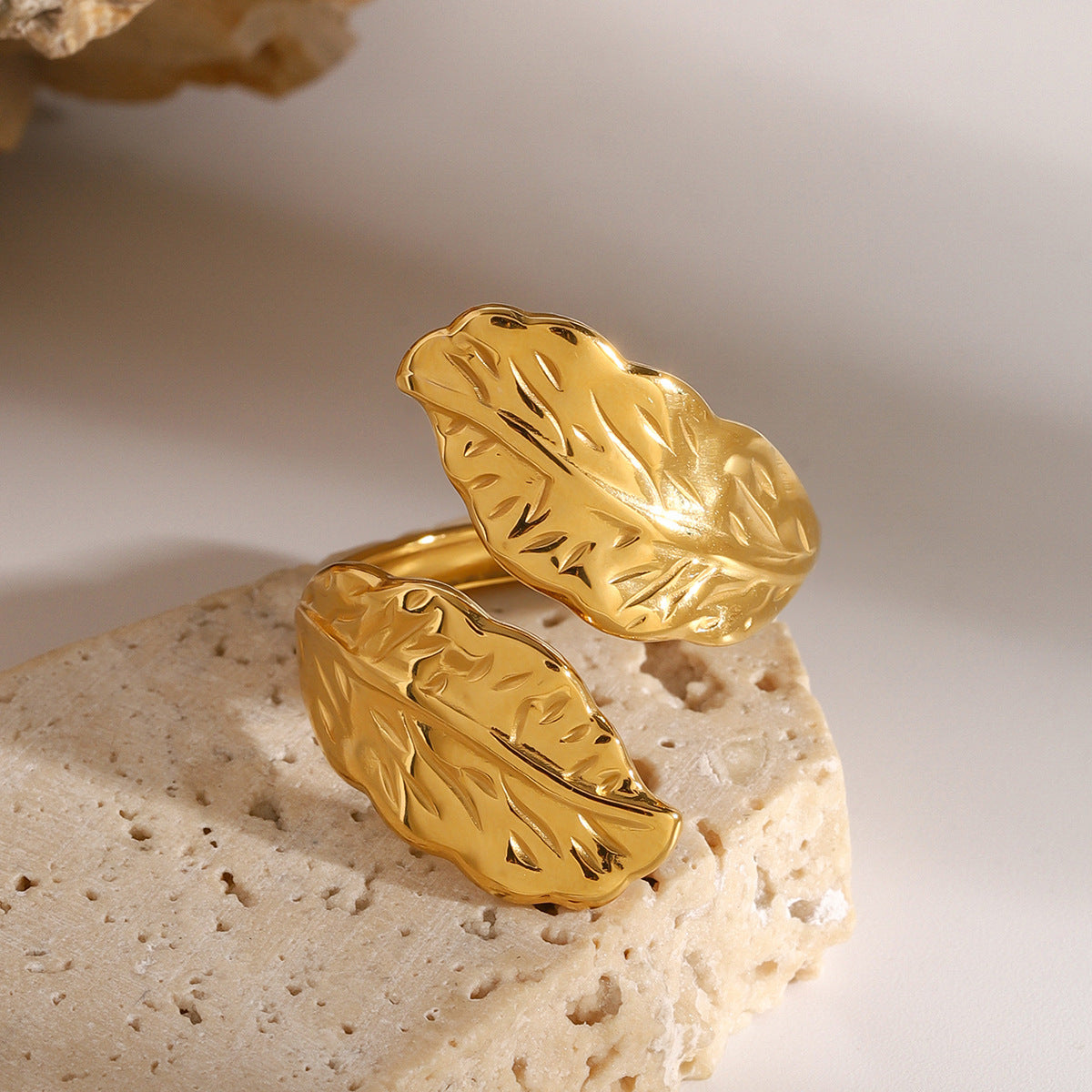 Stainless Steel 18K Gold PVD Leaf Open Ring