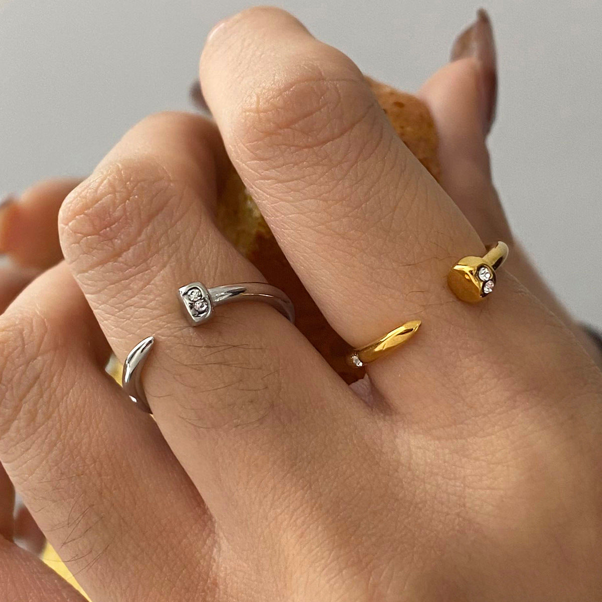 Stainless Steel Nail Cubic Zirconia Open Ring