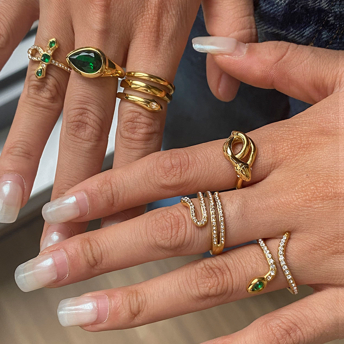 Stainless Steel Cubic Zirconia Spirit Snake Ring Combination