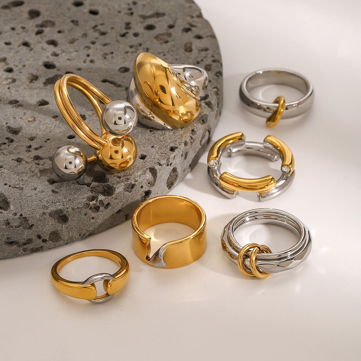 Stainless Steel Two-Tone Gold and Steel Ring Combination