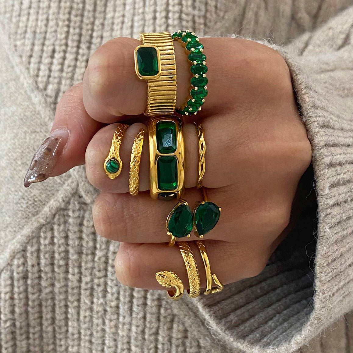 Stainless Steel Green Cubic Zirconia Ring Combination