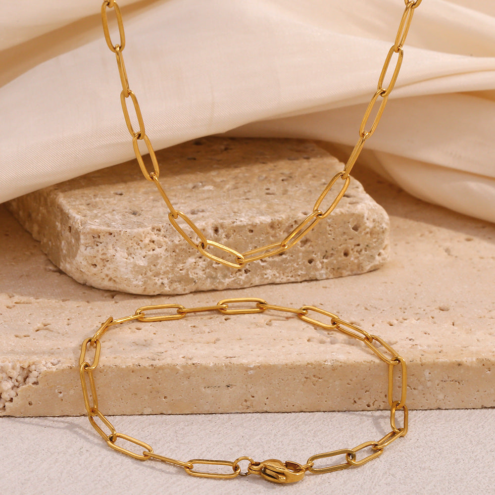 Stainless Steel 18K Gold PVD Paperclip Chain Necklace Bracelet Set