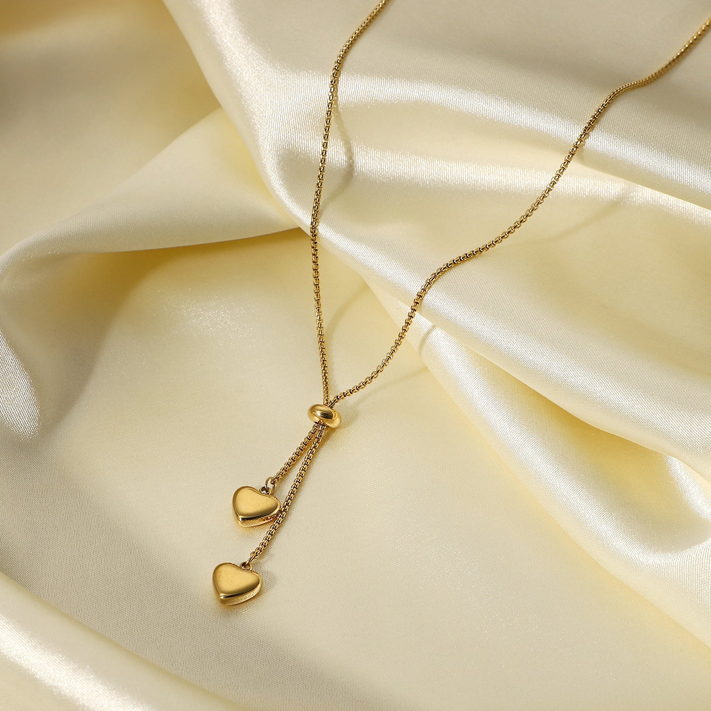Stainless Steel 14K Gold PVD Heart Pendant Lariat Necklace