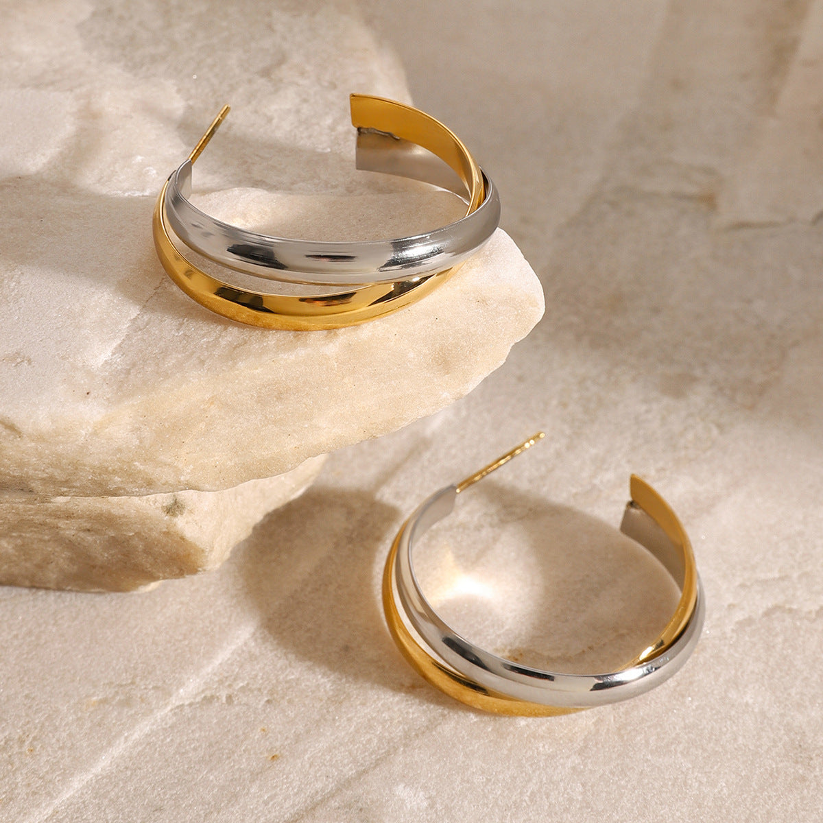Stainless Steel Gold and Steel Two-Tone C-shaped Stud Earrings