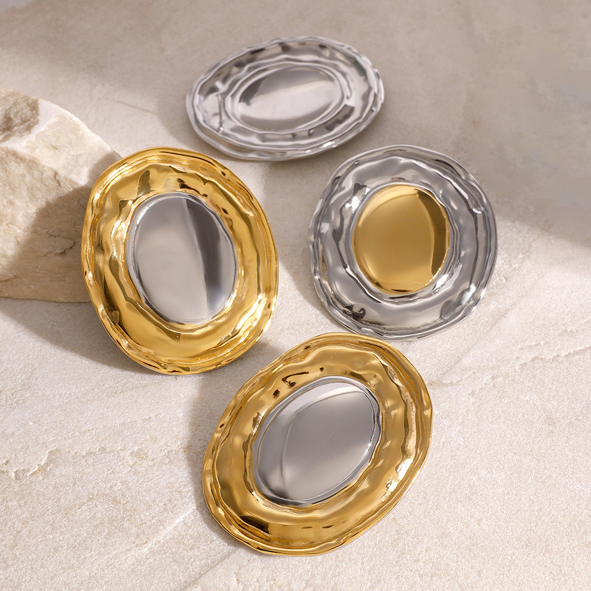 Stainless Steel Gold and Steel Two-Tone Rotundity Earrings