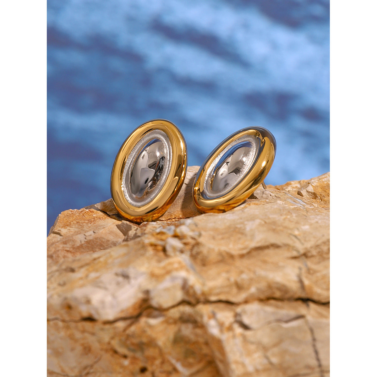 Stainless Steel Gold and Steel Two-Tone Oval Stud Earrings