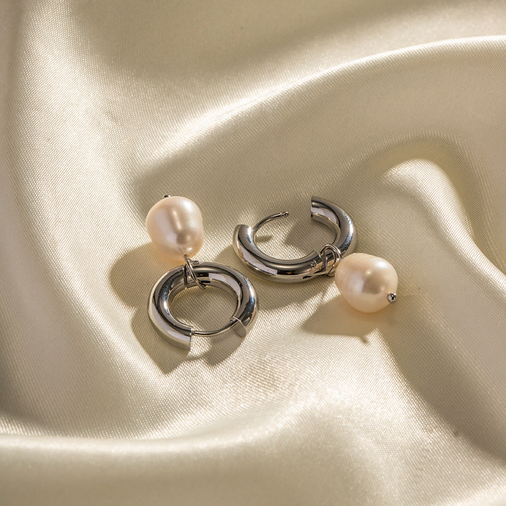 Stainless Steel Natural Freshwater Pearl Pendant Huggie Earrings