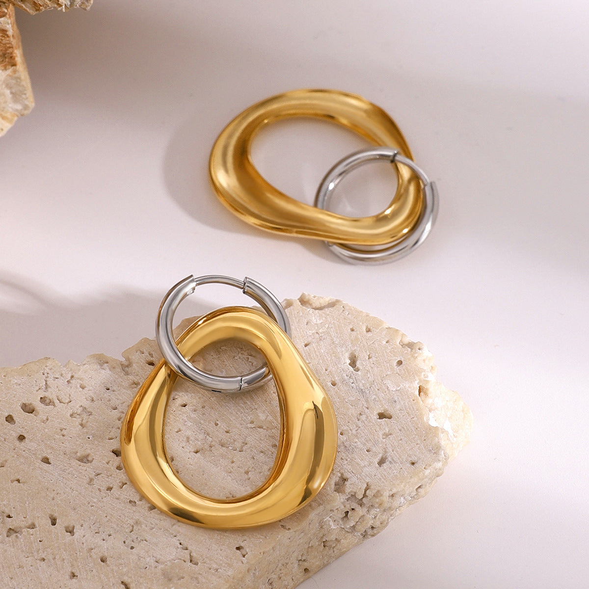 Stainless Steel Gold and Steel Two-Tone Geometric Earrings