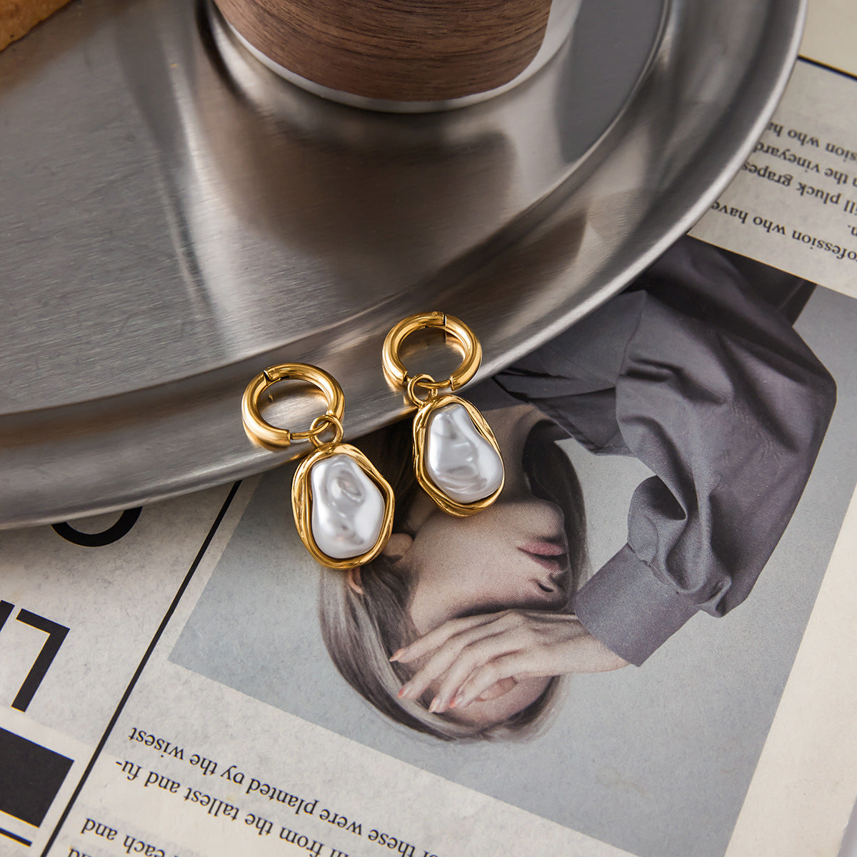 Stainless Steel Imitation Baroque Pearl Earrings