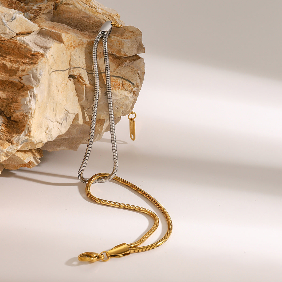 Stainless Steel Gold and Steel Two-Tone Snake Chain Bracelet