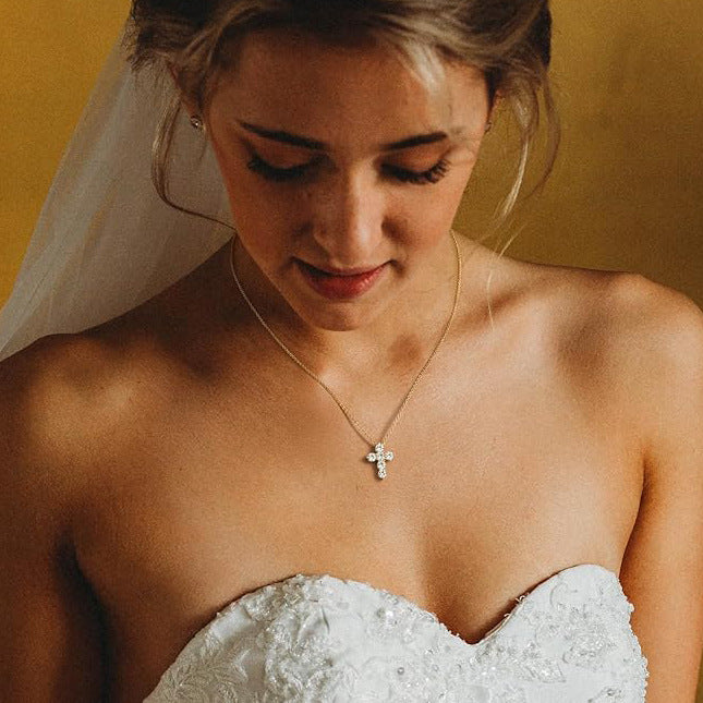 Stainless Steel White Round CZ Cross Pendant Necklace