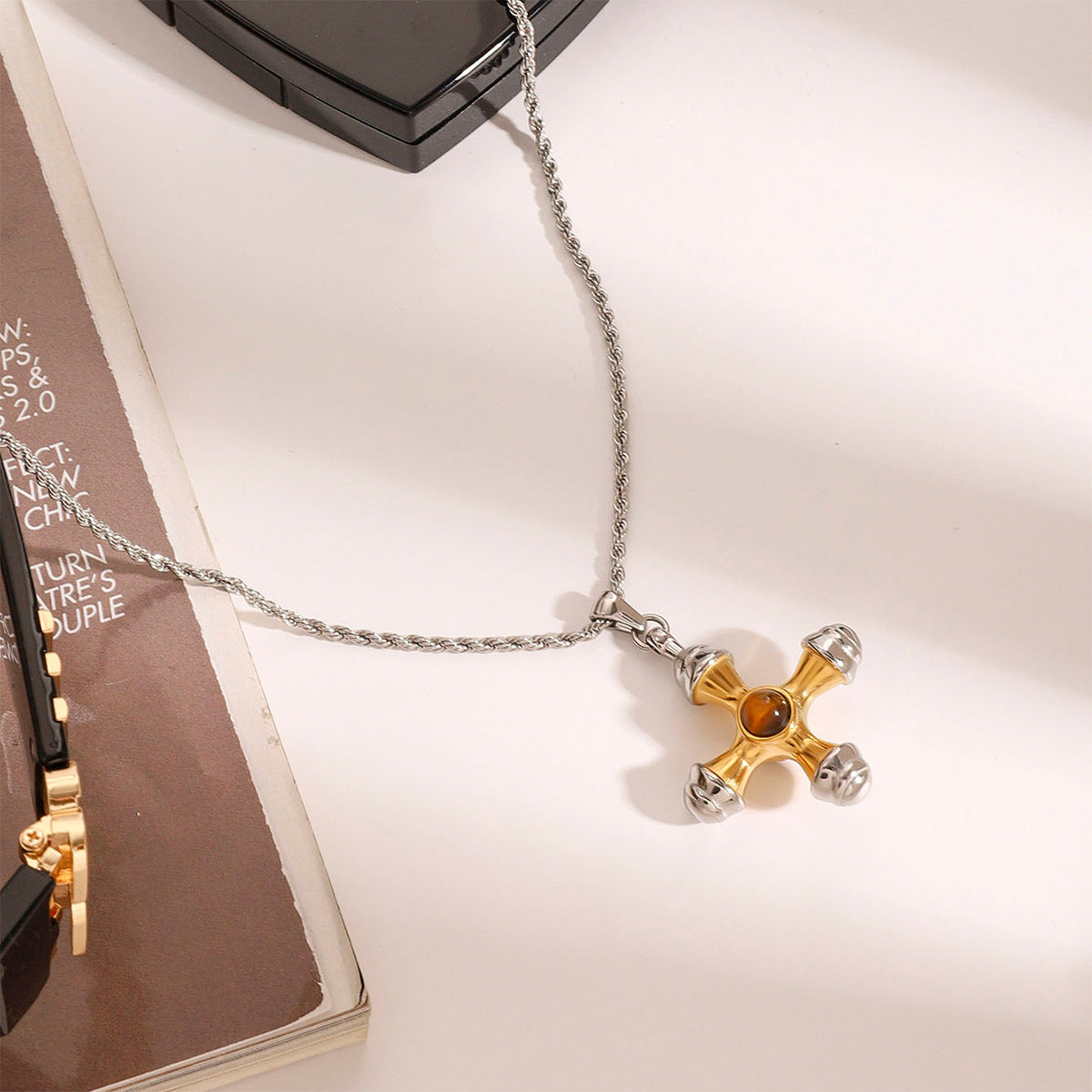 Stainless Steel Tiger's Eye Gold and Steel Two-Tone Cross Necklace