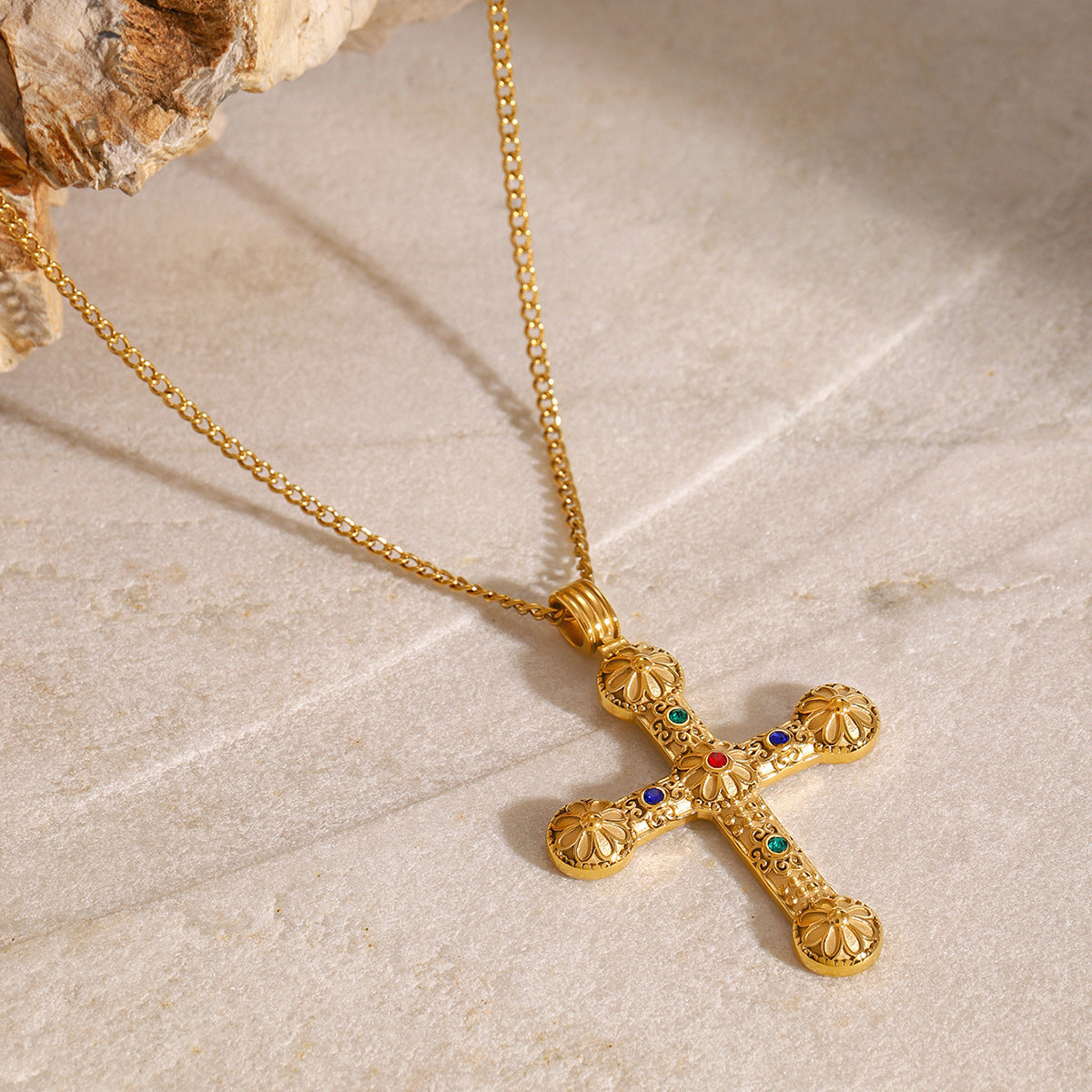 Stainless Steel Diamond-encrusted Cross Pendant Necklace