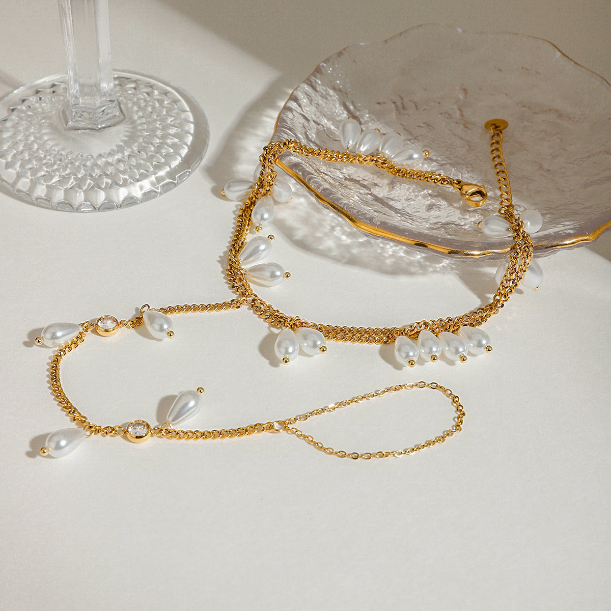 Stainless Steel Glass Pearl CZ Double-layer Toe Chain Ankle