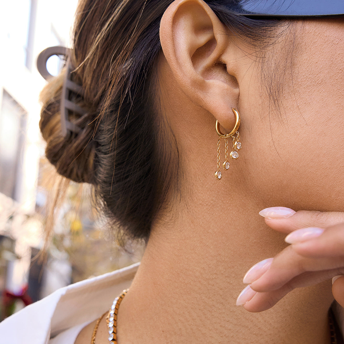 Stainless Steel Tassel Cubic Zirconia Huggie Earrings