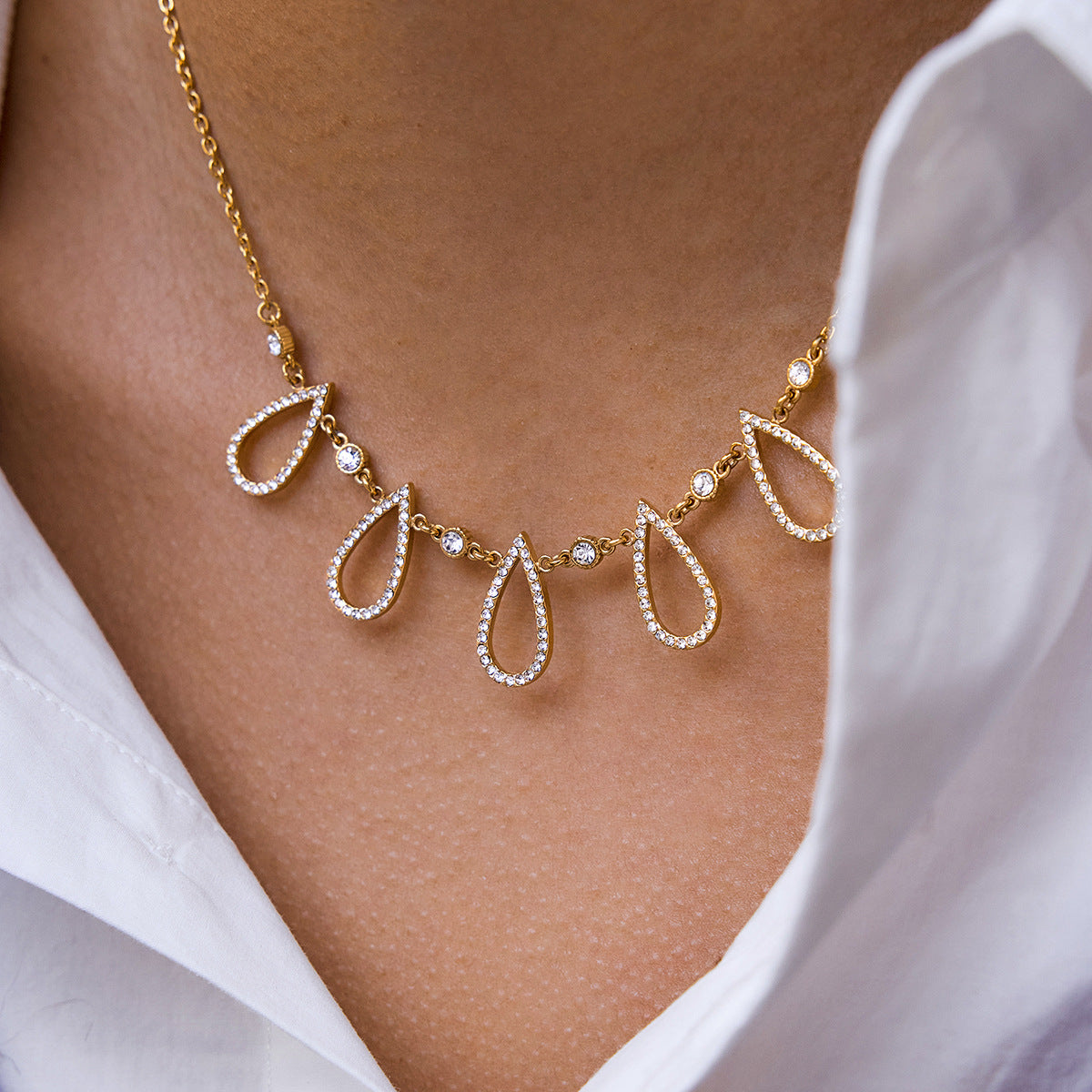 Stainless Steel 18K Gold PVD Water Drop Cubic Zirconia Necklace