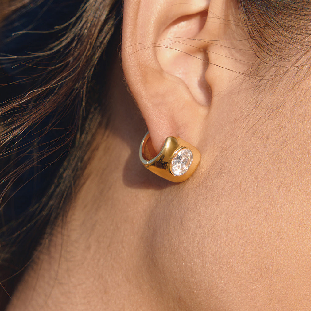Stainless Steel Wide-faced White Egg-shaped Huggie Earrings