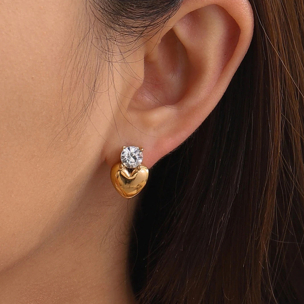 Stainless Steel Diamond-encrusted Heart Stud Earrings