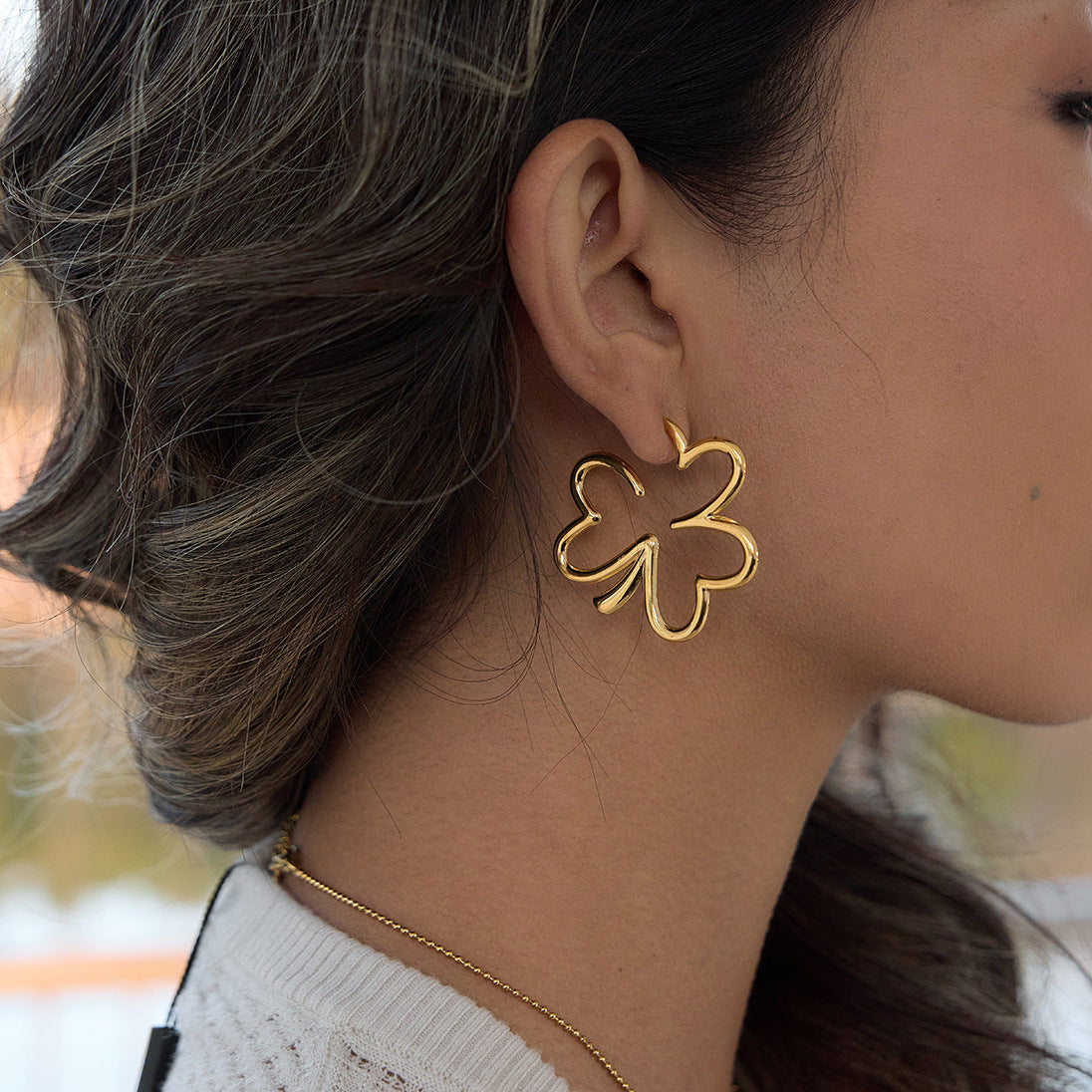 Stainless Steel Hollow-out Four-leaf Clover Stud Earrings
