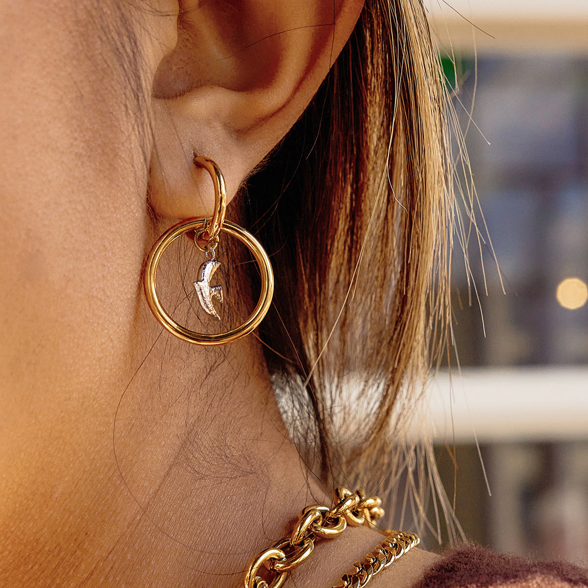 Stainless Steel Peace Dove Bird Pendant Hoop Earrings