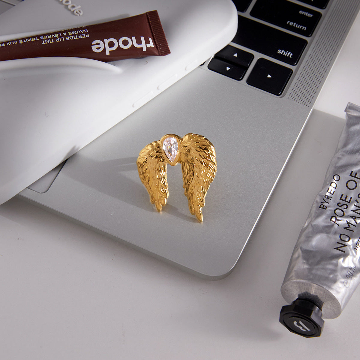 Stainless Steel Wing Cubic Zirconia Ring