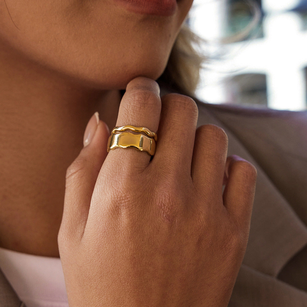 Stainless Steel 18K Gold PVD Wavy Rings - 2 Pcs