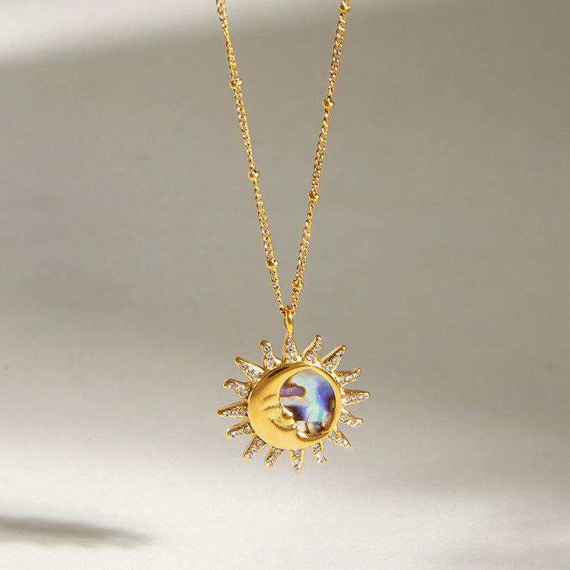 Stainless Steel Rhinestone Abalone Shell Sun Necklace