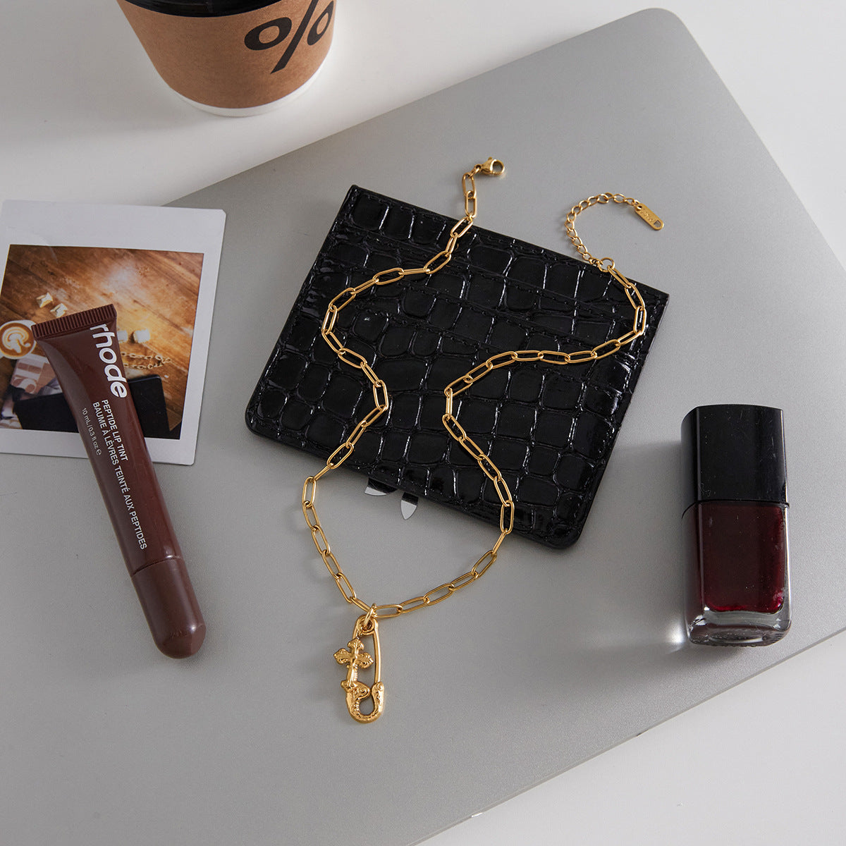 Stainless Steel Pin Pendant Paperclip Chain Necklace