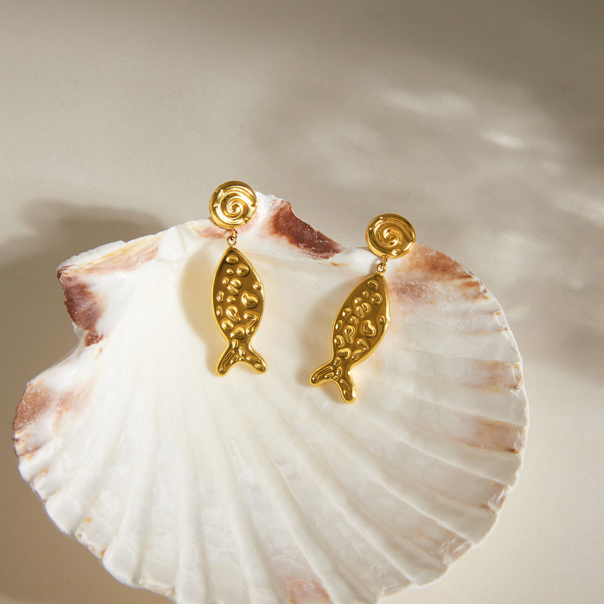 Stainless Steel Hammered Fish Pendant Stud Earrings