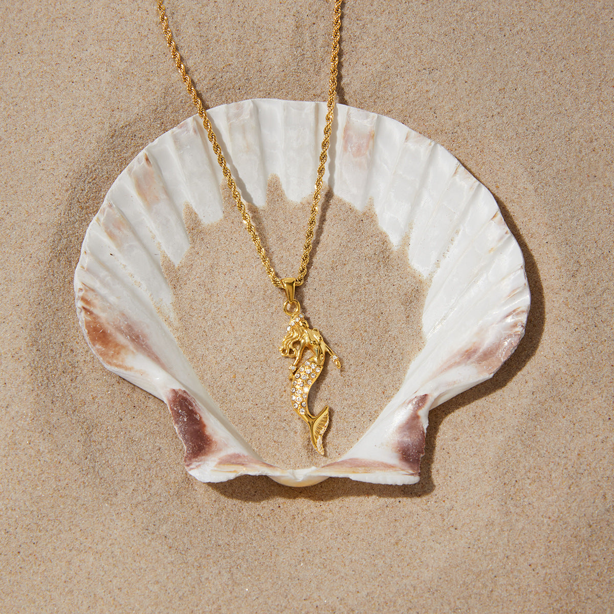 Stainless Steel Cubic Zirconia Mermaid Pendant Necklace