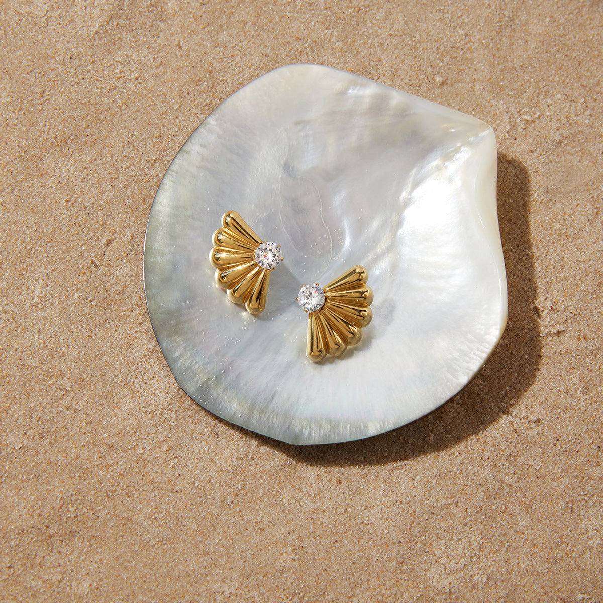 Stainless Steel CZ Ribbed Fan-shaped Shell Stud Earrings