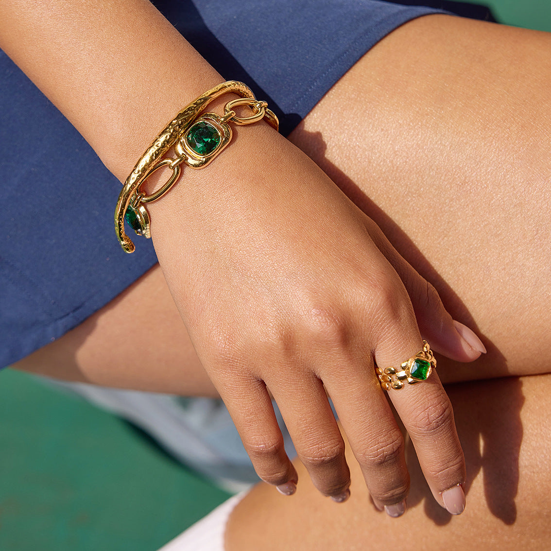 Stainless Steel Square Green Glass Thick Paperclip Chain Bracelet