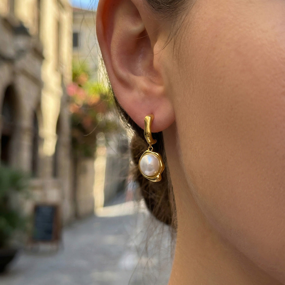 Stainless Steel Pearl Pendant C-shaped Stud Earrings