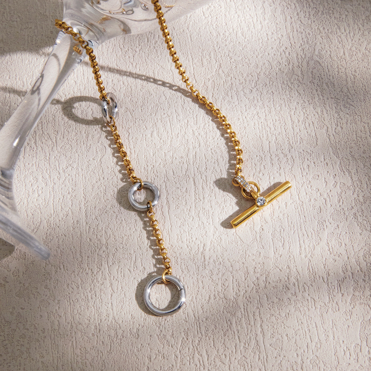 Stainless Steel White Rhinestone T-bar OT Clasp Cable Chain Necklace