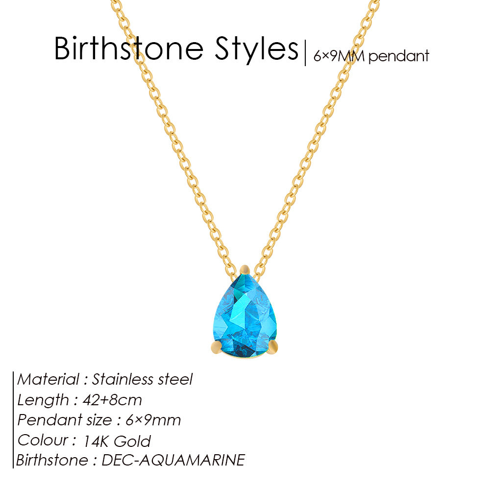 Stainless Steel Water Droplet CZ Birthstone Pendant Necklace