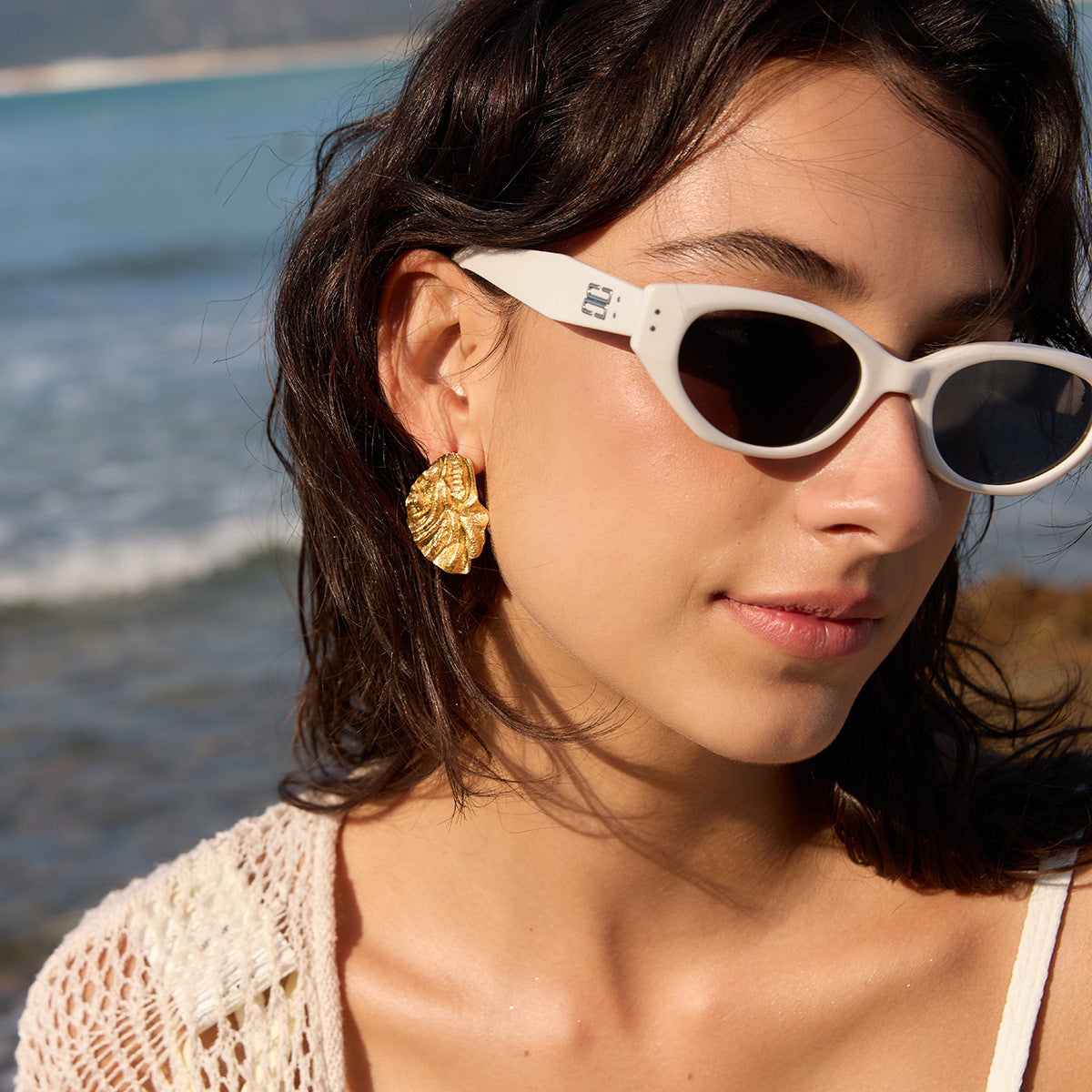 Stainless Steel Gravel Textured Metal Pleated Stud Earrings