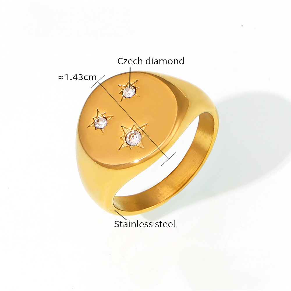Stainless Steel Three Star Inlay Czech Diamond Signet Ring