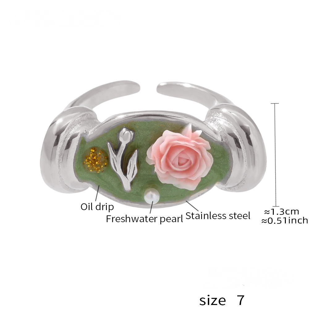 Stainless Steel Imitation Pearl Flower Relief Cuff Oil Drip Ring