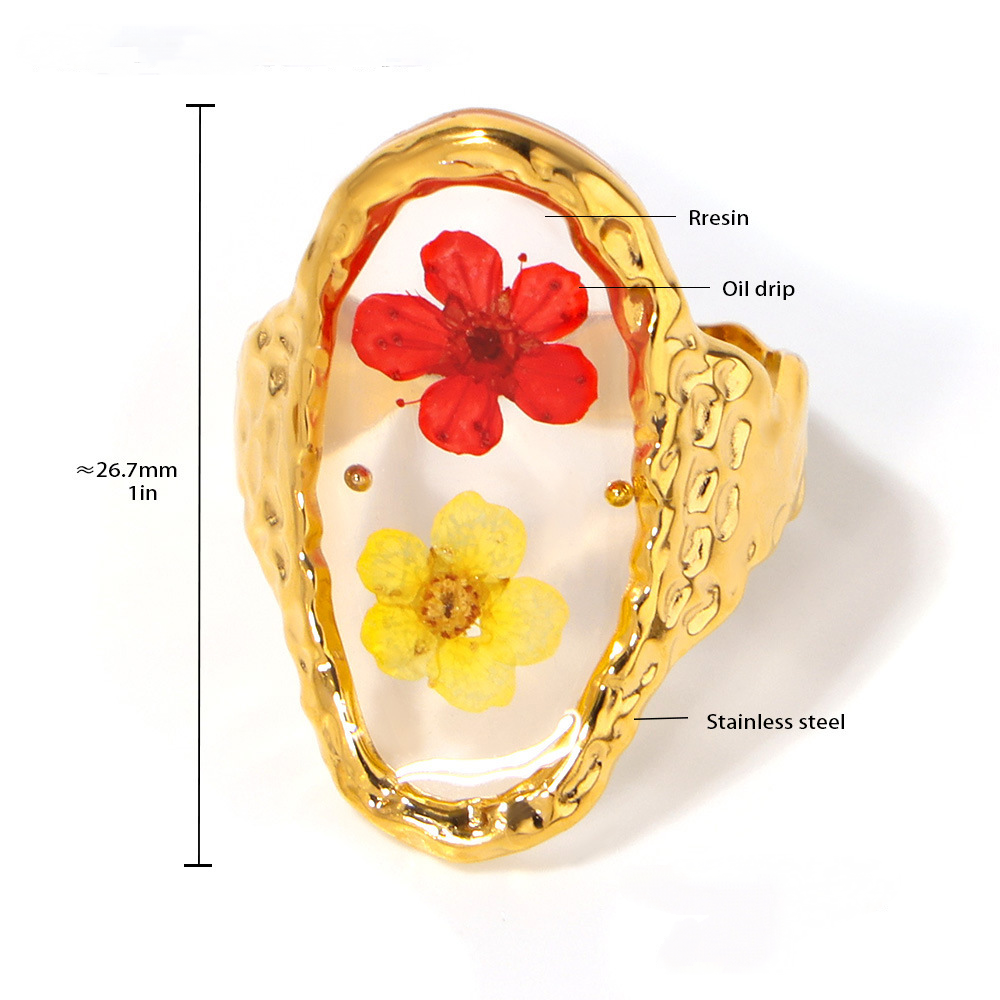Stainless Steel Glazed Flower Pattern Cuff Ring