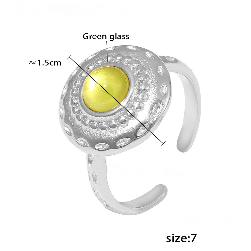 Threaded Green Glass Stainless Steel Earrings Ring Jewelry Suit