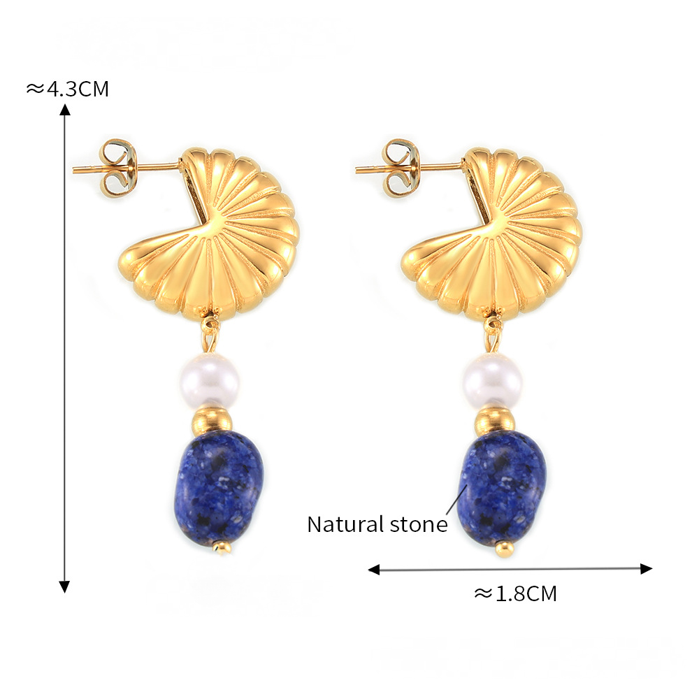 Stainless Steel Textured Fan Shaped Natural Stone Imitation Pearls Drop Earrings