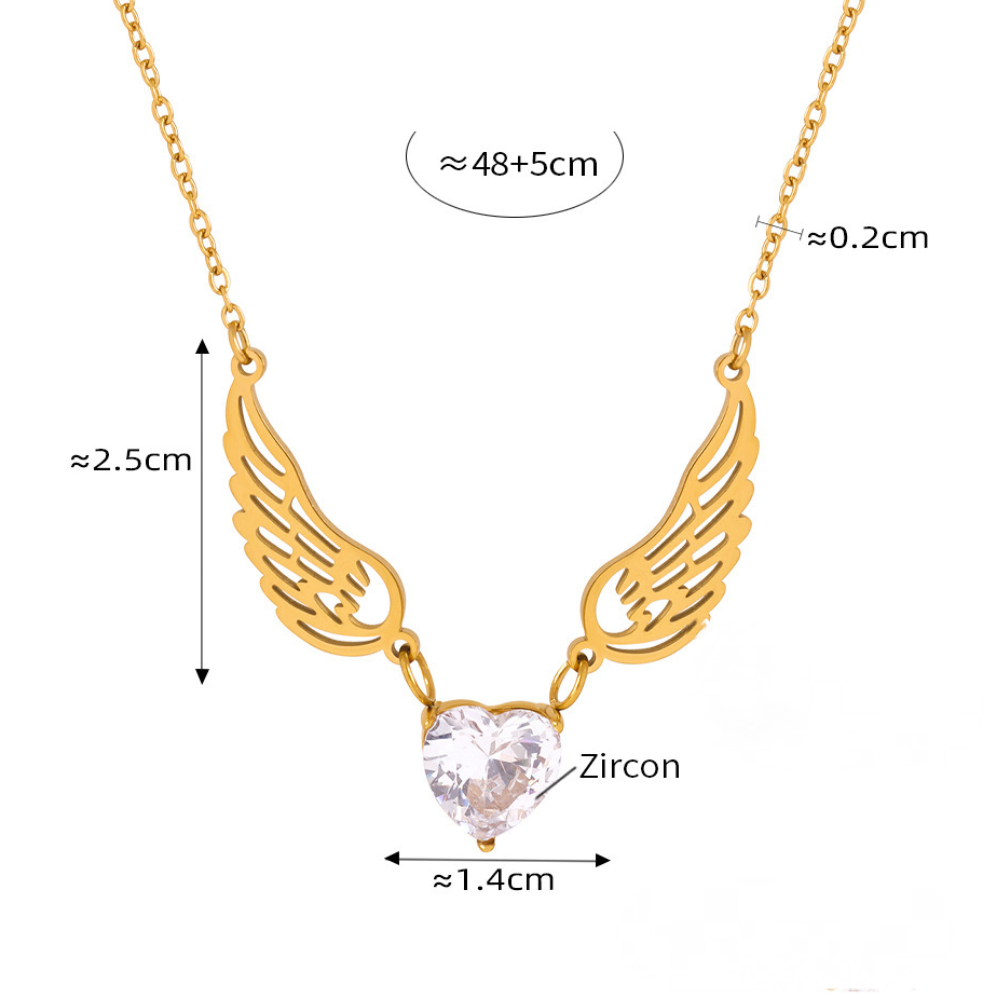 Stainless Steel Heart Cubic Zirconia Angel Wings Necklace