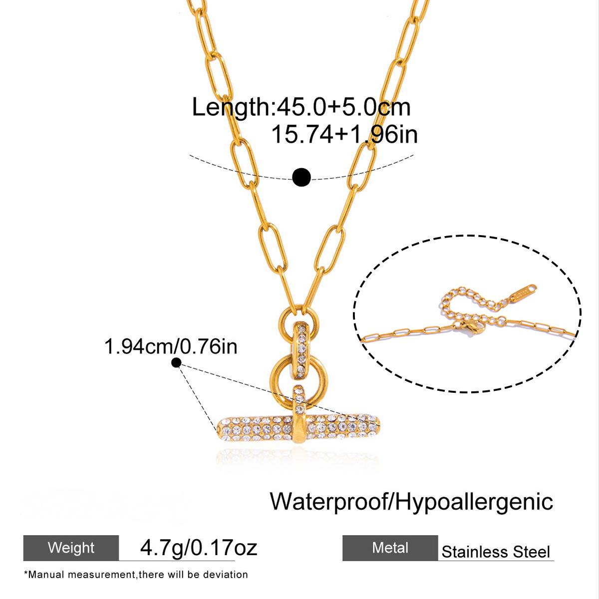 Stainless Steel White Rhinestone T-bar Paperclip Chain Necklace