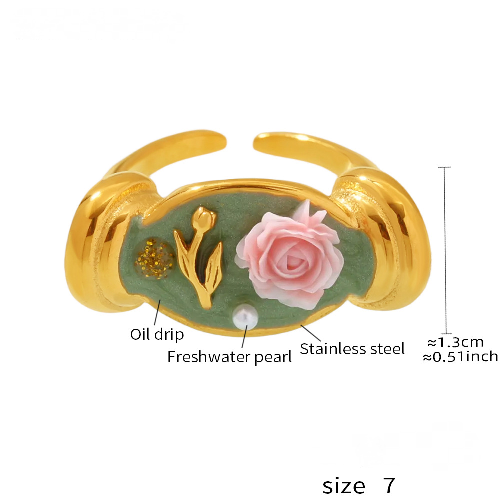 Stainless Steel Imitation Pearl Flower Relief Cuff Oil Drip Ring