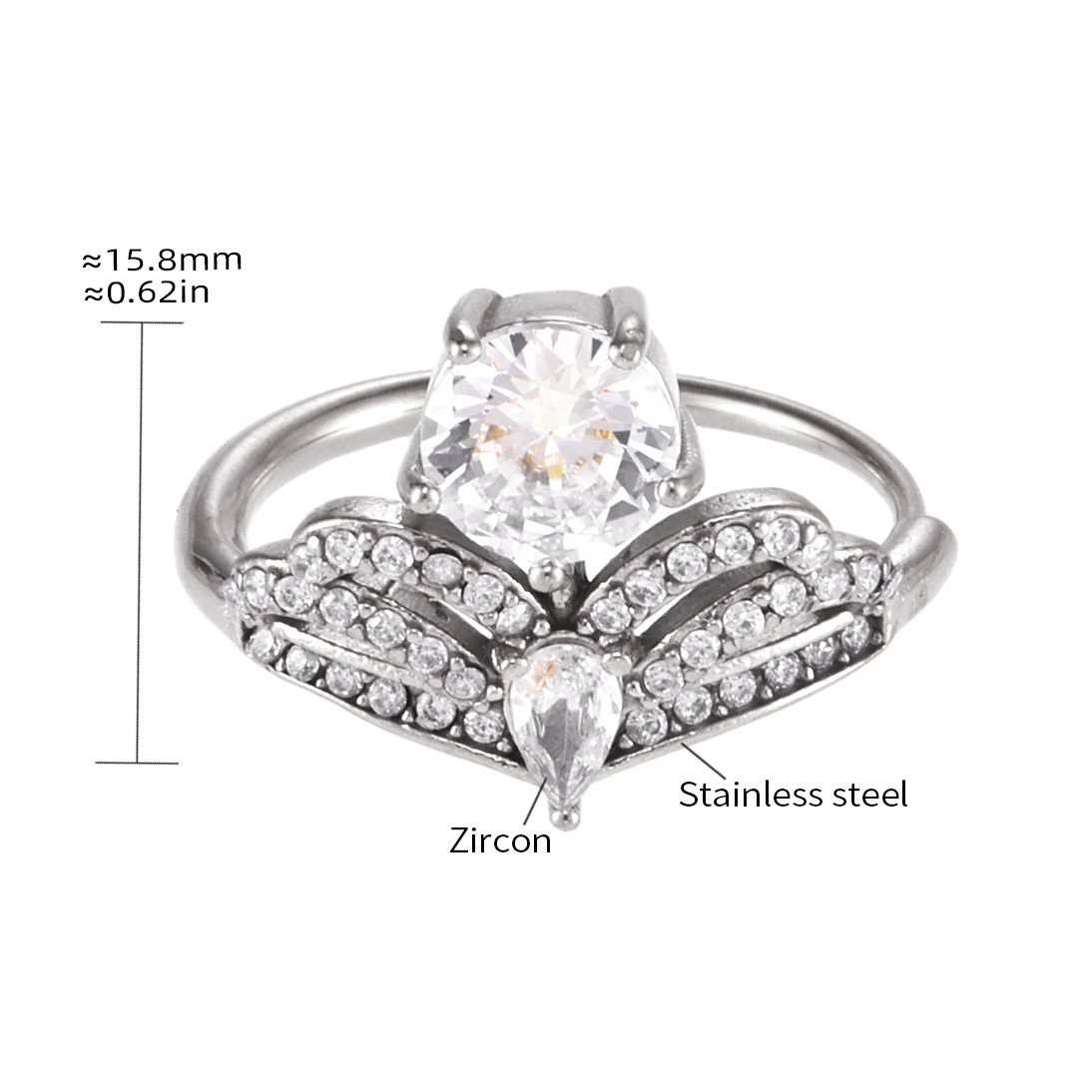 Bague manchette en acier inoxydable en forme de couronne avec zircone cubique