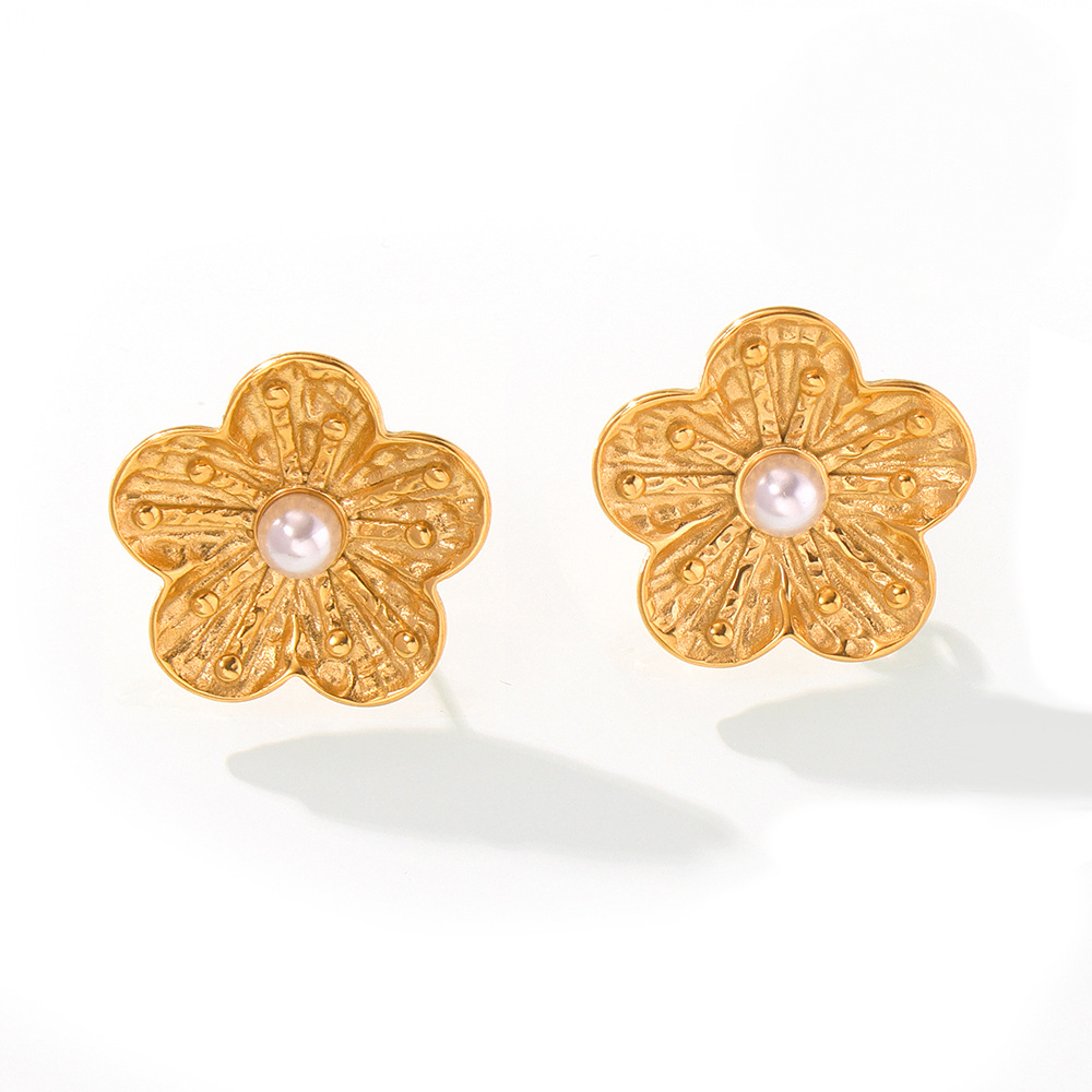 Stainless Steel Texture Flower Inlay Imitation Pearl Earrings