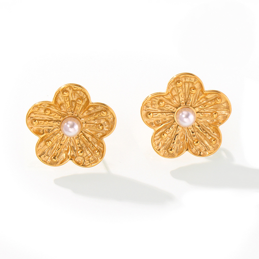 Stainless Steel Texture Flower Inlay Imitation Pearl Earrings