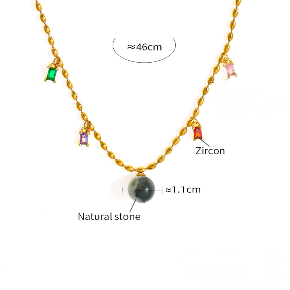 Stainless Steel Natural Stone Cubic Zirconia Charm Necklace