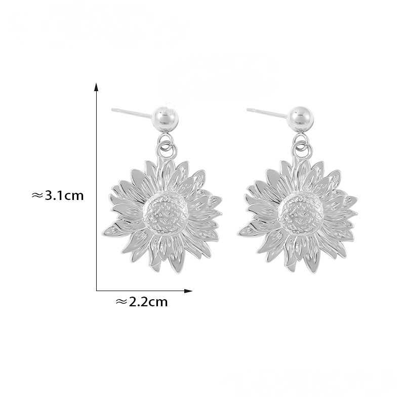 Stainless Steel Textured Sunflower Drop Earrings